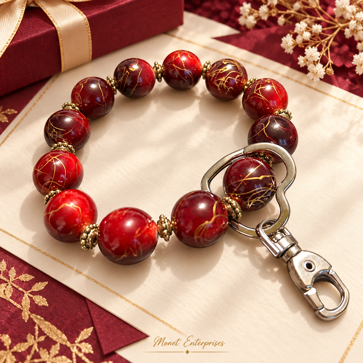 Ruby and Gold Beaded Wristlet Keychain