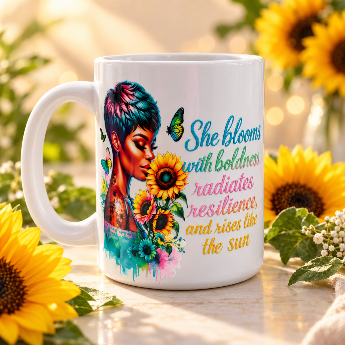 She Blooms Sunflower Inspirational Coffee Cup
